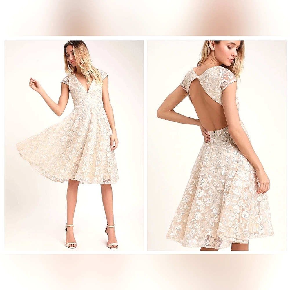 NWT 🎀 Lulu's Jacquelin Champagne Floral Embroidered Backless Midi Dress